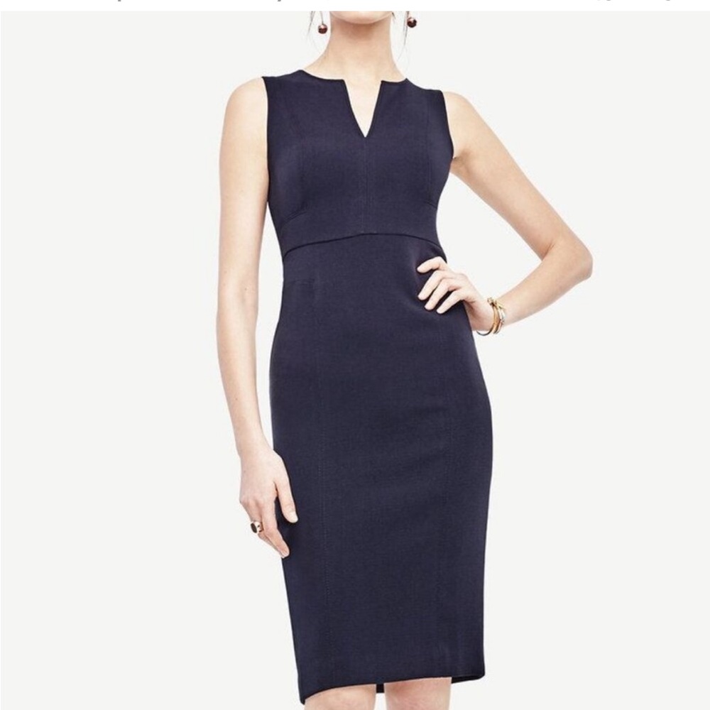 Ann Taylor Navy Sheath Midi Dress with Split Neck NWT